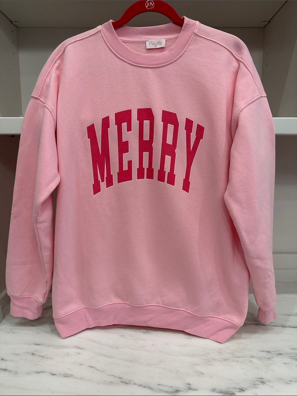 Pink Lily small pink sweatshirt. Merry logo. Like new